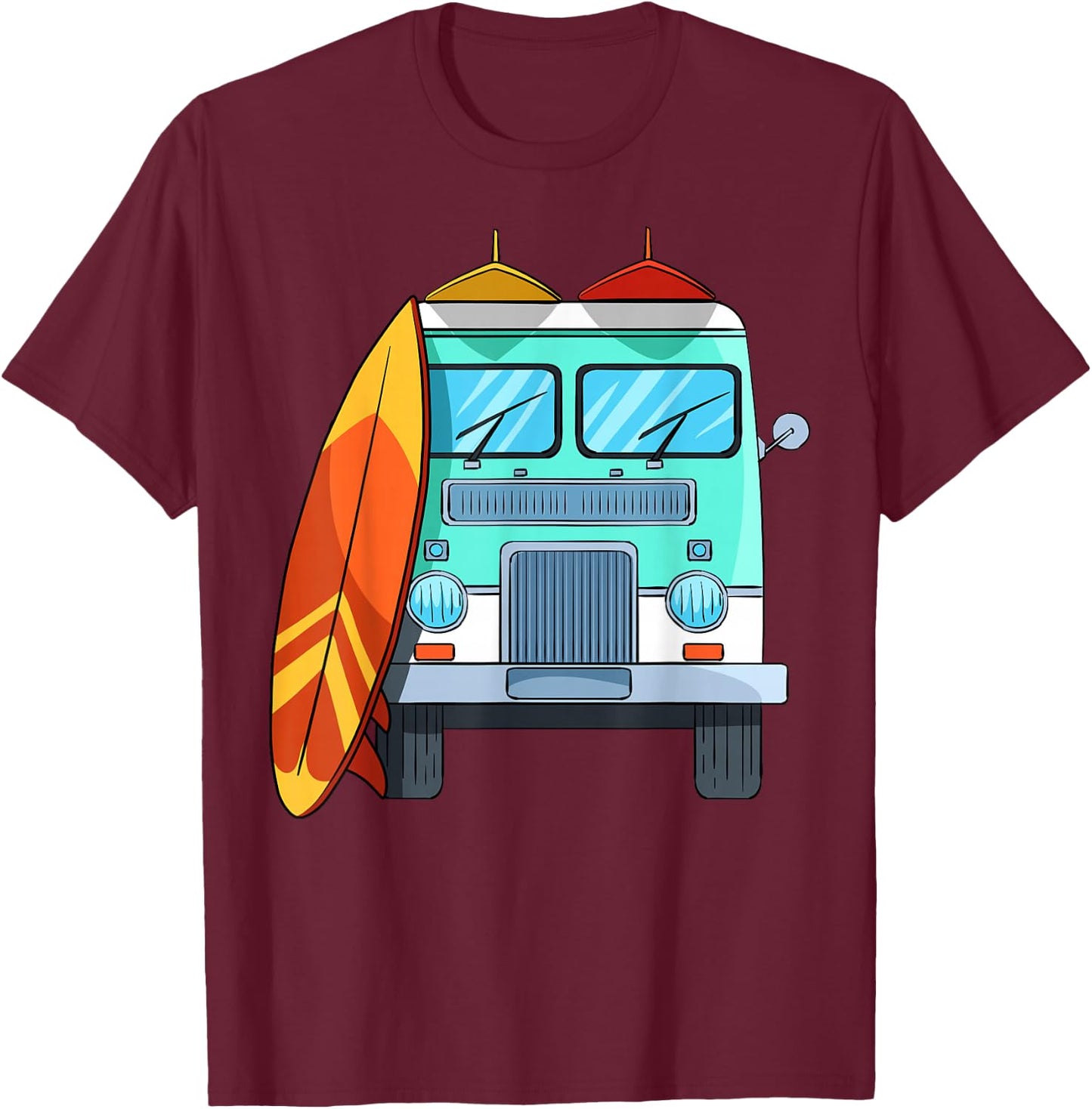 Surf Van Surfboard Palm Trees Surfing Surfer Waves Summer Men Women Girls Kids T-Shirt - T-Shirt | Maroon