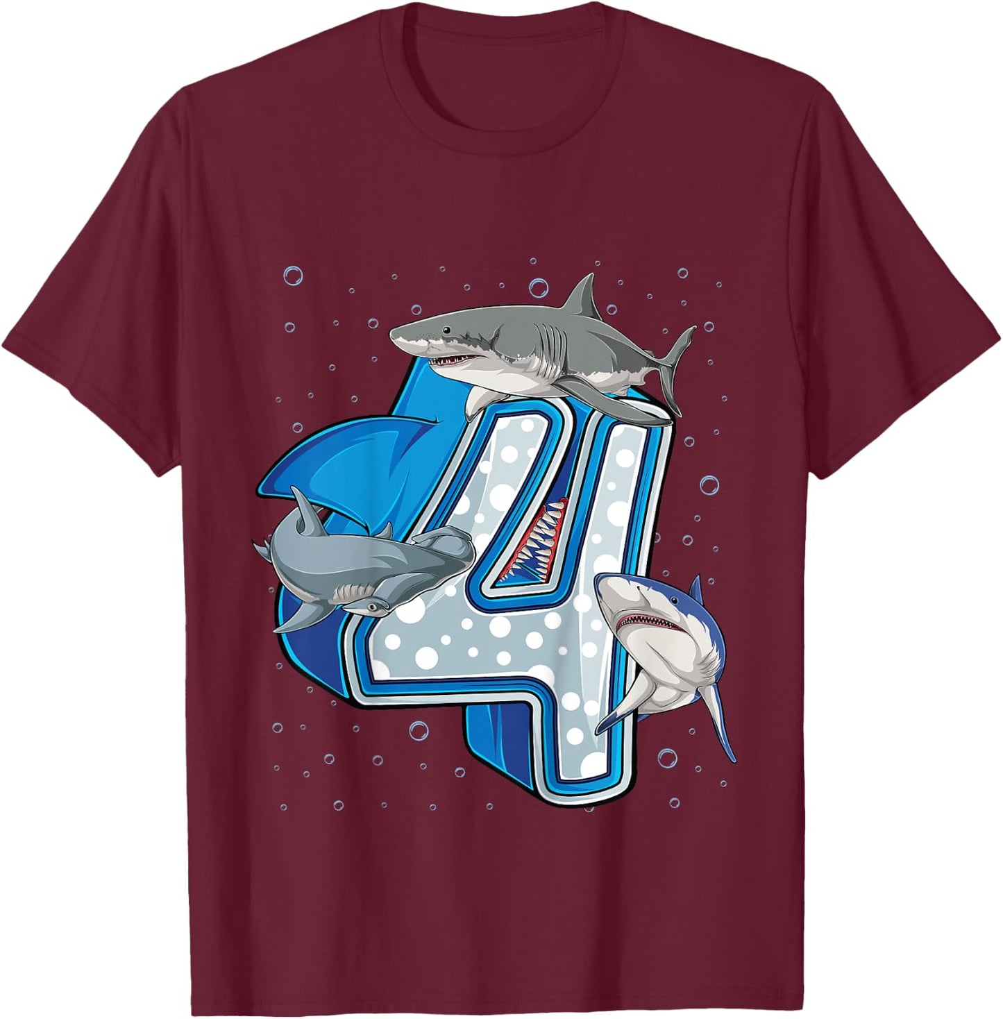 4th Birthday Boys Shark 4 years Old Ocean Shark B-day T-Shirt - T-Shirt | Maroon