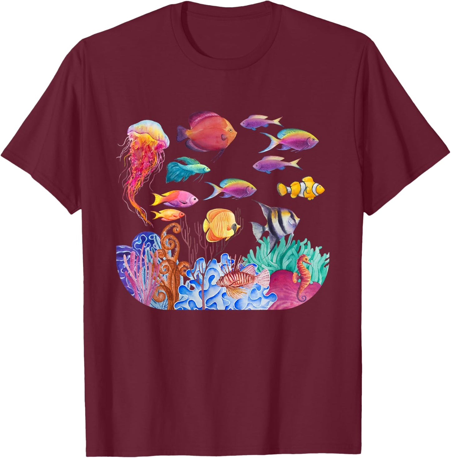 Ocean Scene - Watercolor Sea Life T-Shirt - T-Shirt | Maroon