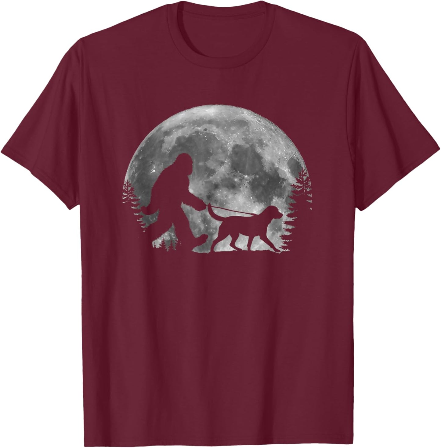 Bigfoot Walking a Dog Labrador Retriever Dad Moon Halloween Men Women Kids T-Shirt - T-Shirt | Maroon