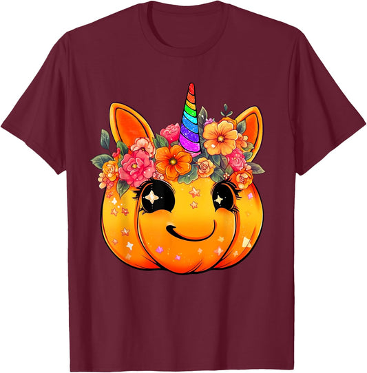 Cute Unicorn Pumpkin Halloween Thanksgiving Fall Autumn Girl T-Shirt - T-Shirt | Maroon