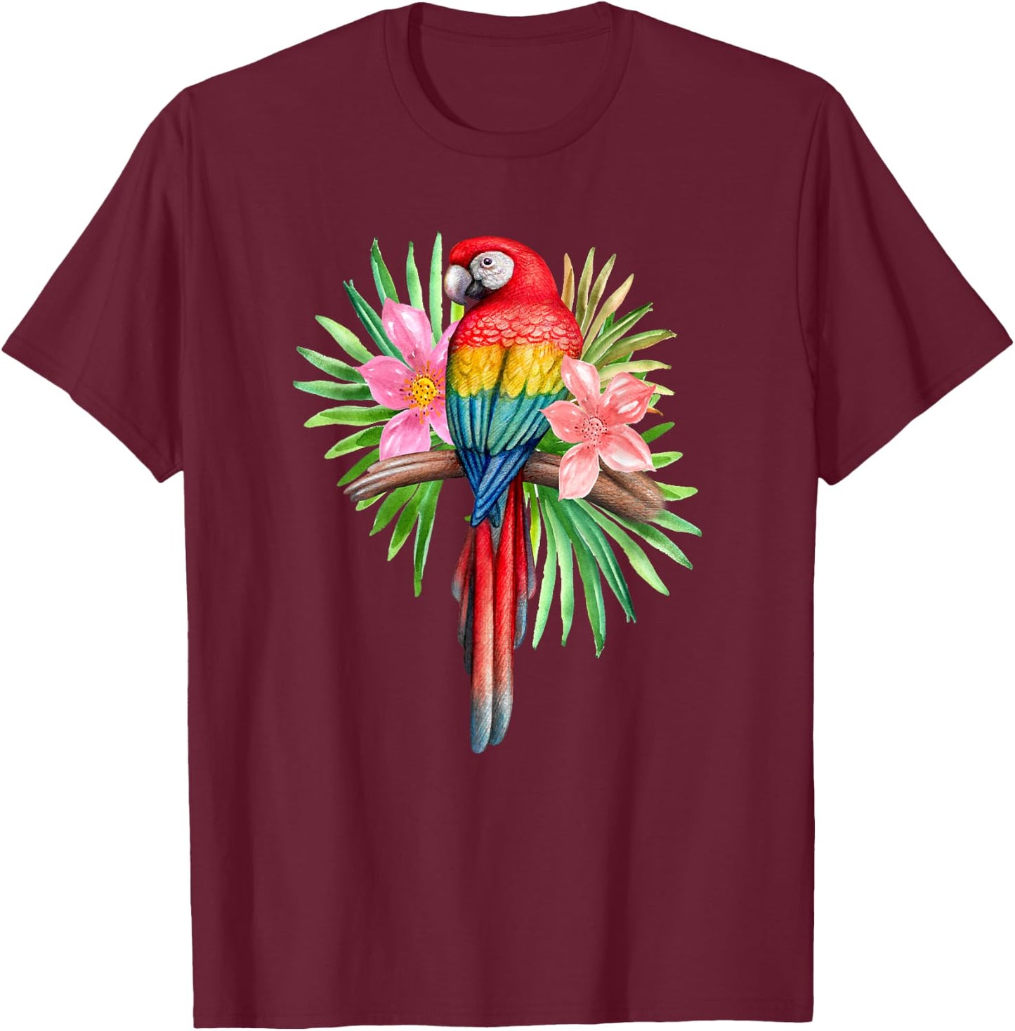 Parrot In Tropical Flowers Summer Beach Tiki Party Luau T-Shirt - T-Shirt | Maroon