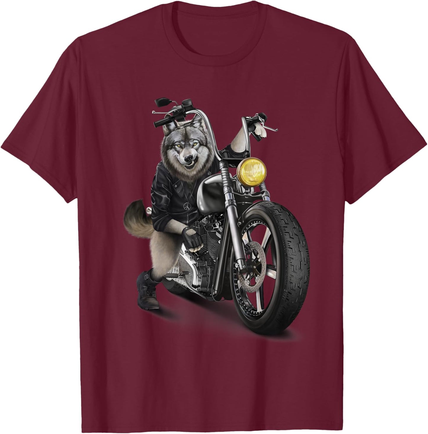 Grey Wolf Riding Chopper Motorcycle T-Shirt - T-Shirt | Maroon