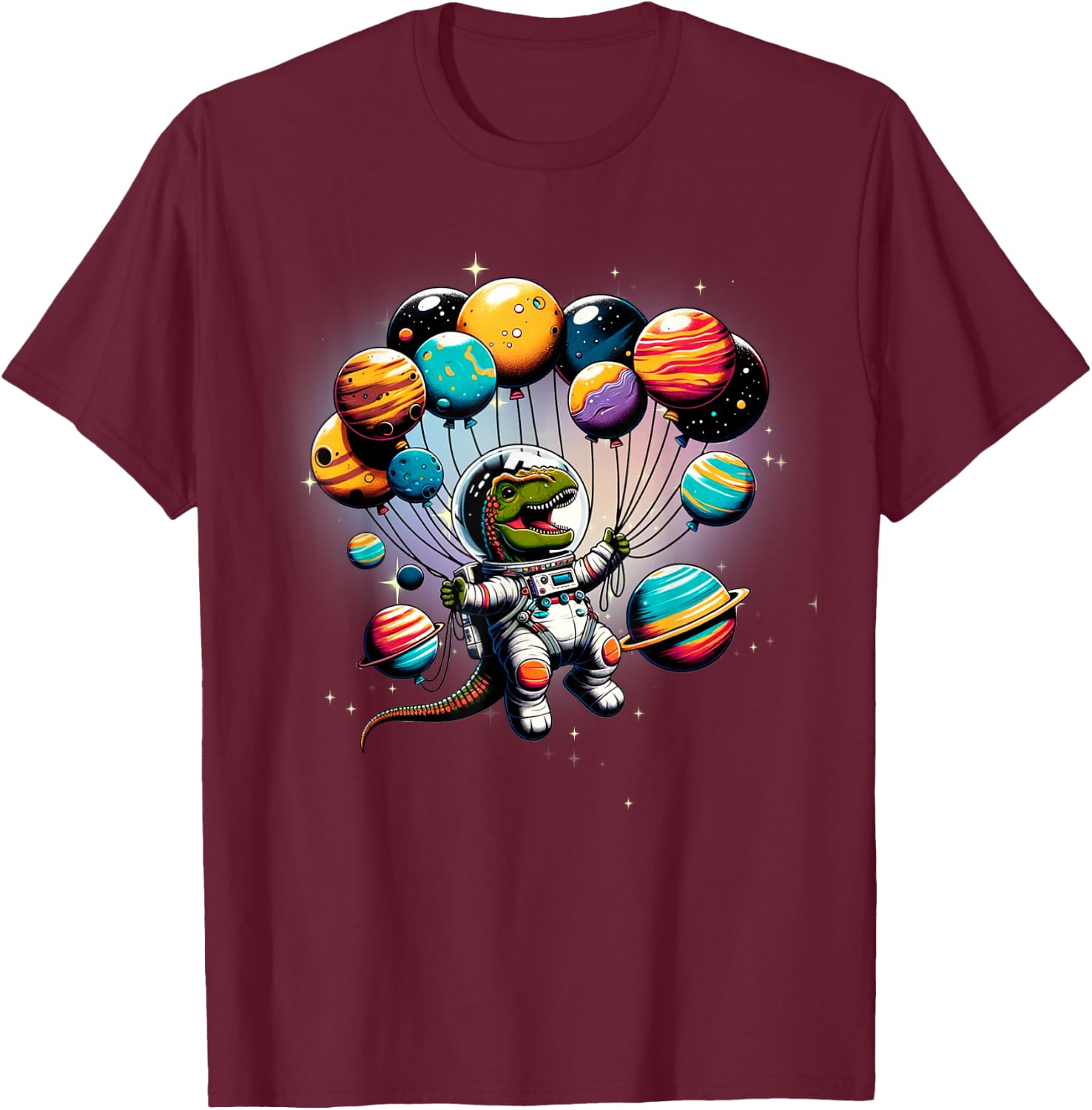 Astronaut Dinosaur With Balloons In Space Women Kids T-Shirt - T-Shirt | Maroon