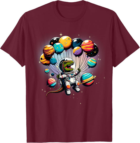 Astronaut Dinosaur With Balloons In Space Women Kids T-Shirt - T-Shirt | Maroon