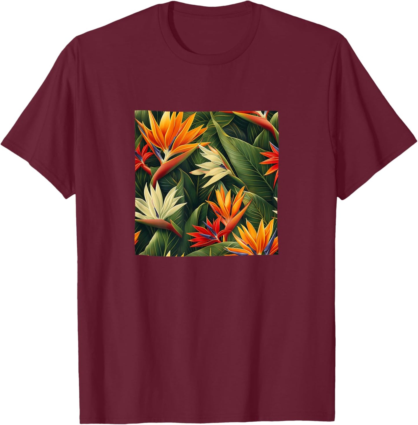 Bird Of Paradiese Flower Pattern Graphic T-Shirt - T-Shirt | Maroon
