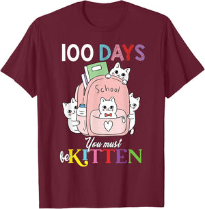 100th Day of School Kittens in Backpack Cute 100 Days T-Shirt - T-Shirt | Maroon