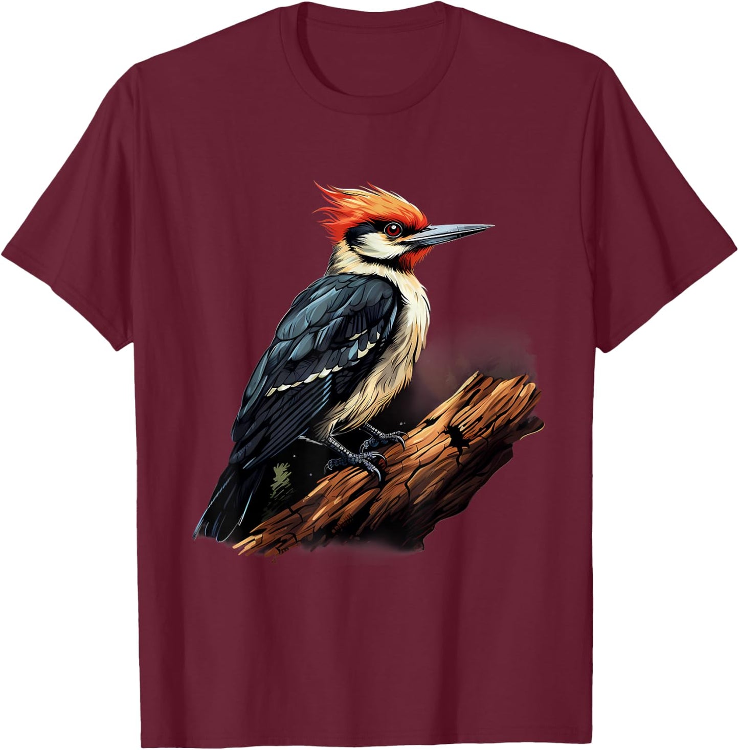 Woodpecker Artwork Nature Wildlife Animal Art Portrait T-Shirt - T-Shirt | Maroon