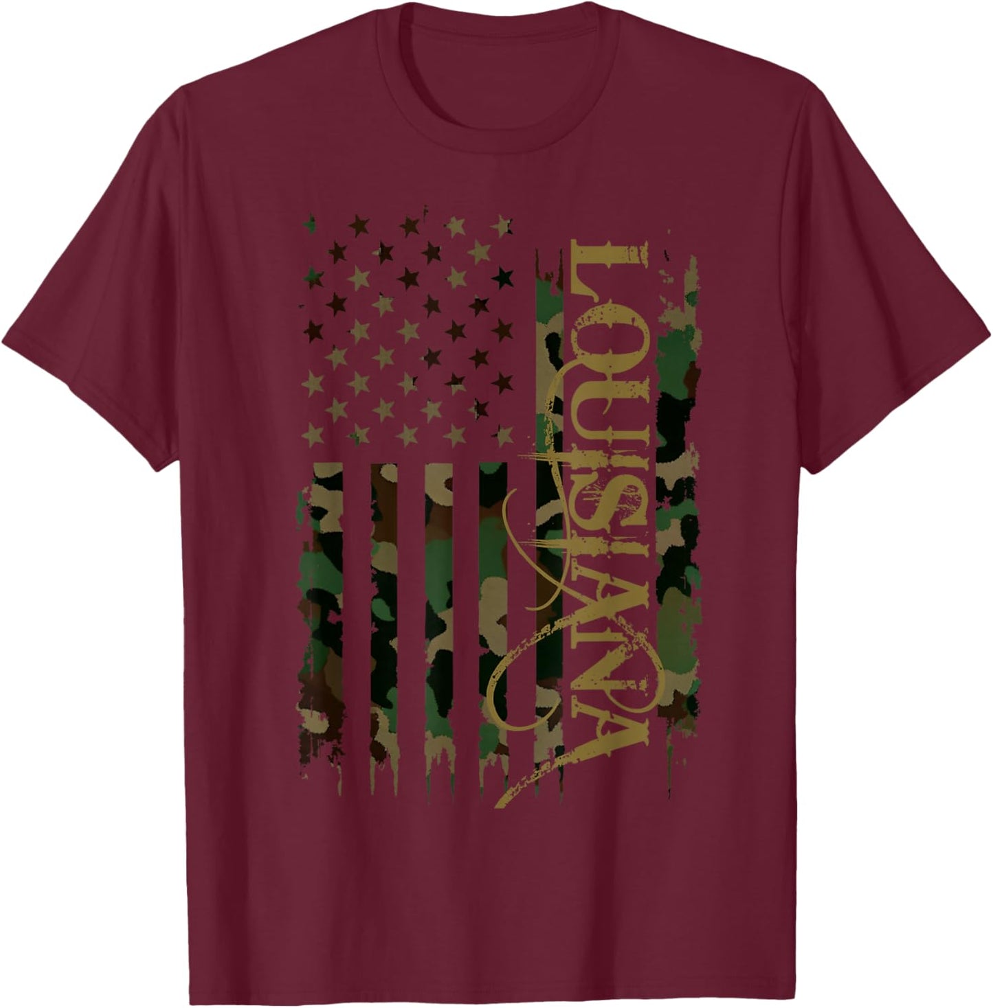 Louisiana United States Distressed Camo w US Flag T-Shirt - T-Shirt | Maroon
