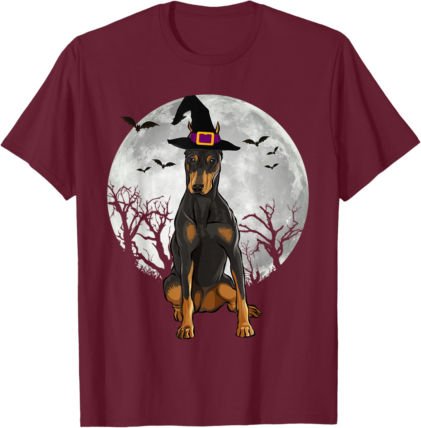 Scary Doberman Pinscher Dog Witch Hat Halloween T-Shirt - T-Shirt | Maroon
