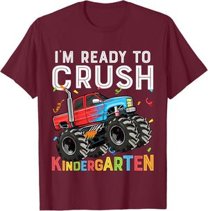 Kids First Day I'm Ready To Crush Kindergarten Monster Truck Boys T-Shirt - T-Shirt | Maroon