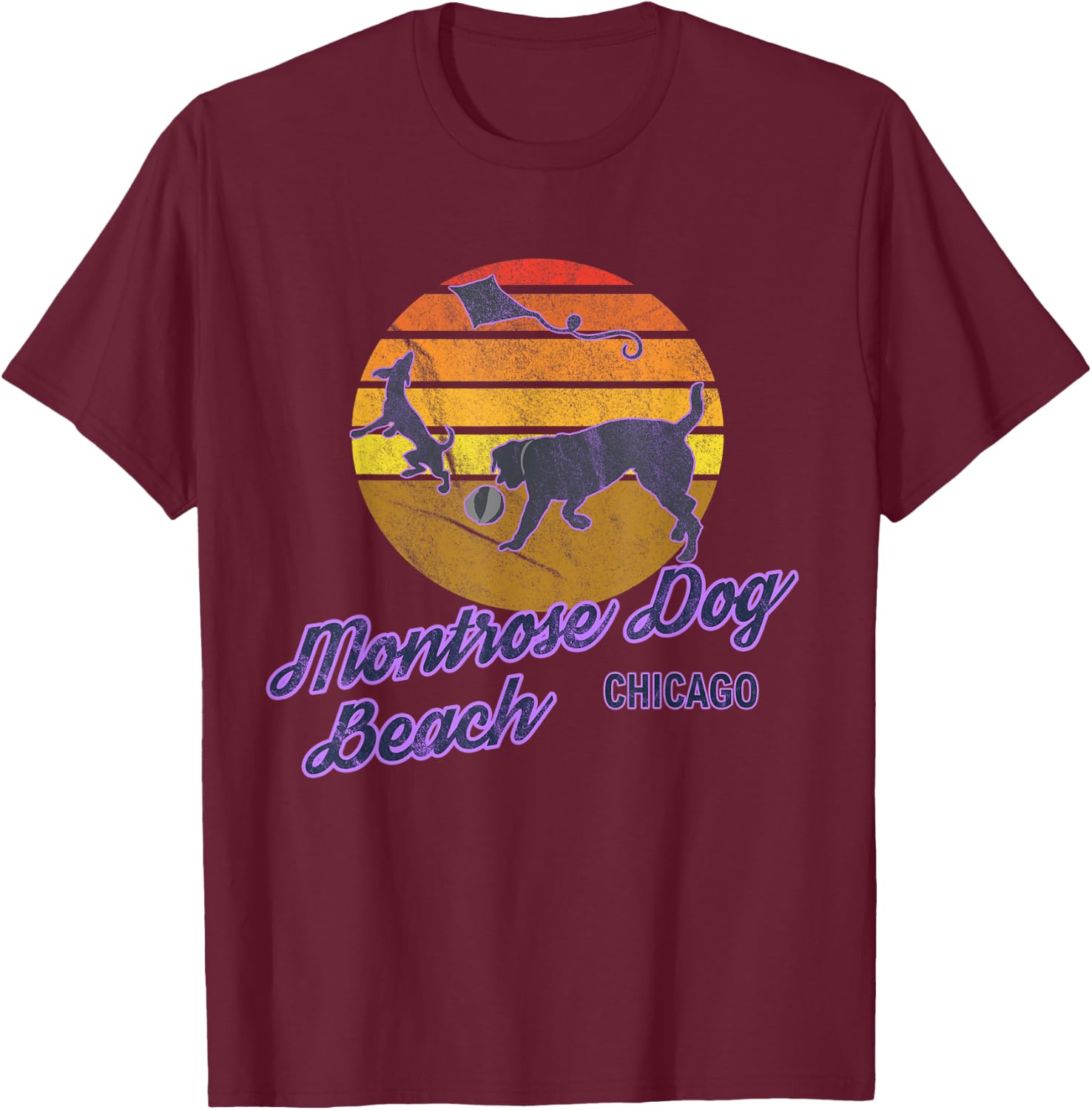 Montrose Dog Beach Chicago Illinois USA Dog Walkers T-Shirt - T-Shirt | Maroon