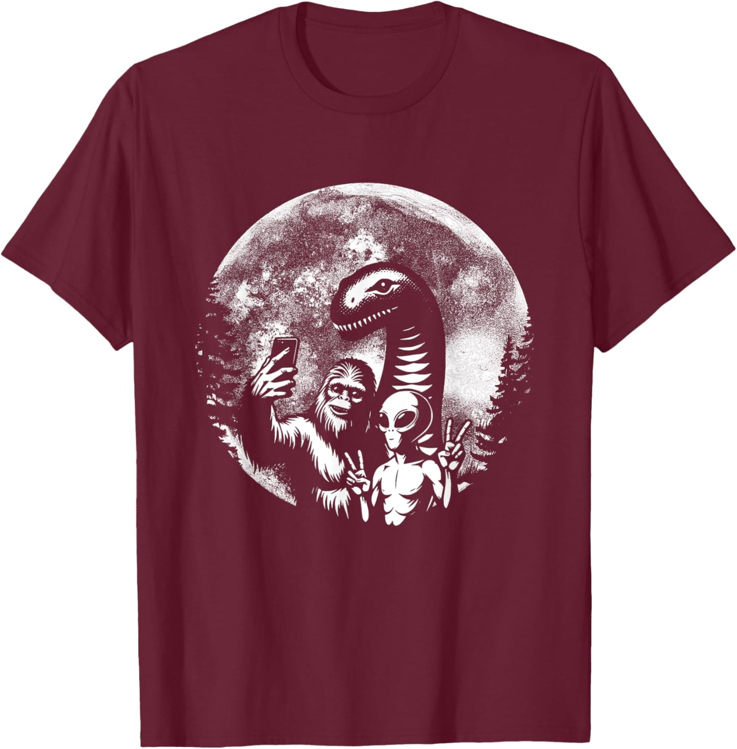 Funny Bigfoot Sasquatch Alien Loch Ness Full Moon Selfie T-Shirt - T-Shirt | Maroon