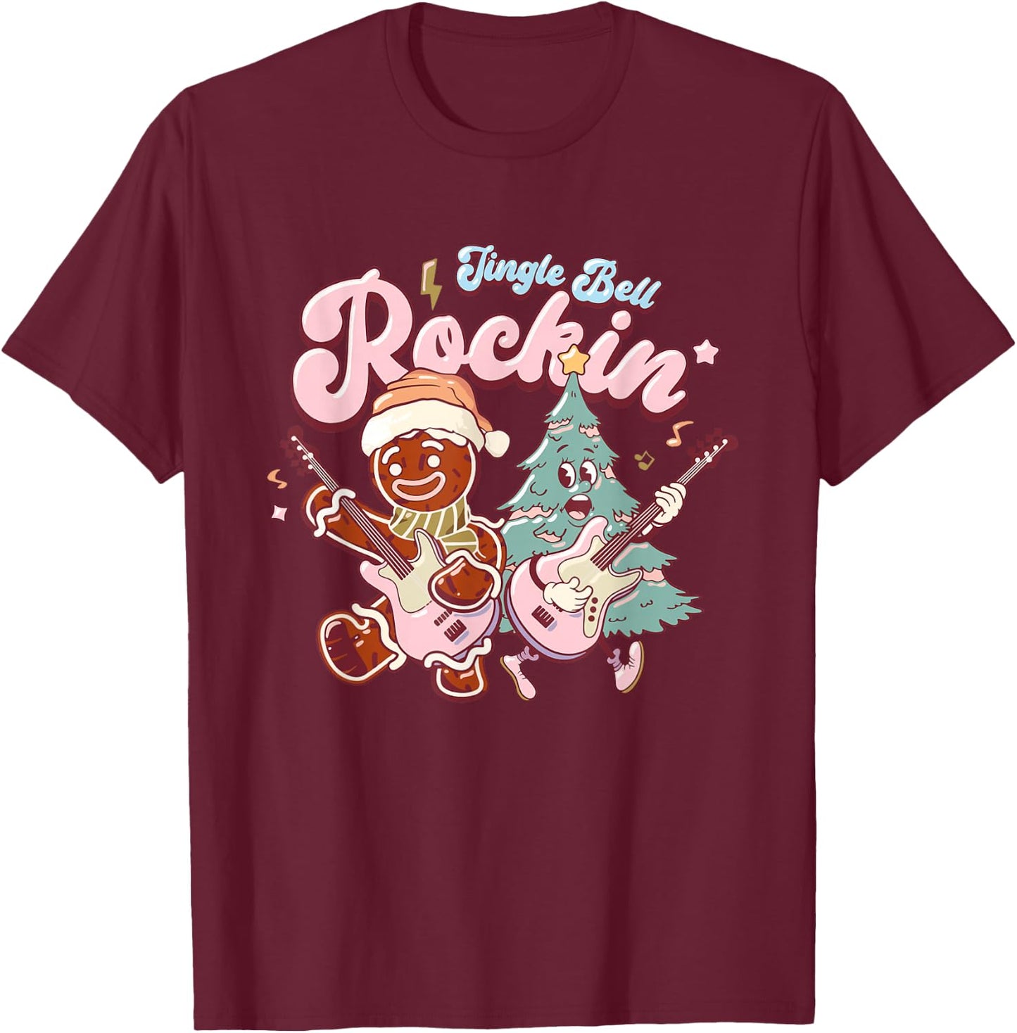 Jingle Bell Rockin Christmas Tree Guitarist Groovy Retro T-Shirt - T-Shirt | Maroon