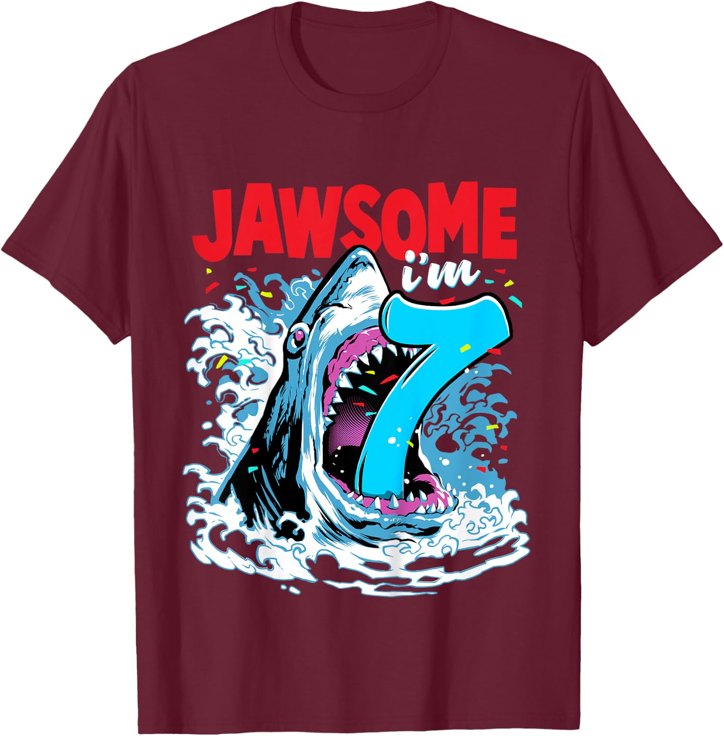 7th Birthday Shirt Shark Birthday Party Gifts for Kids 7 yr T-Shirt - T-Shirt | Maroon