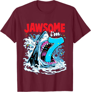 7th Birthday Shirt Shark Birthday Party Gifts for Kids 7 yr T-Shirt - T-Shirt | Maroon