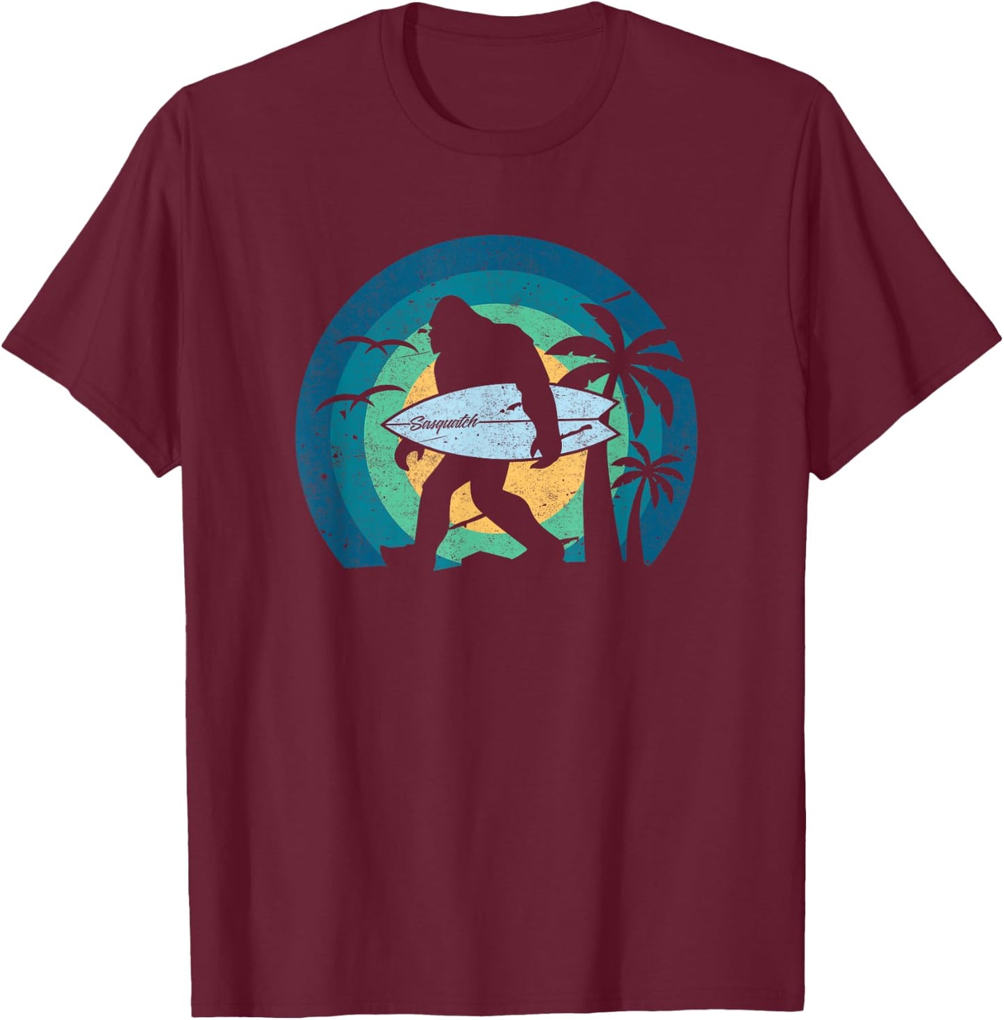 Bigfoot Surfing Shirt Funny Sasquatch Yeti Surf Men Kids T-Shirt - T-Shirt | Maroon