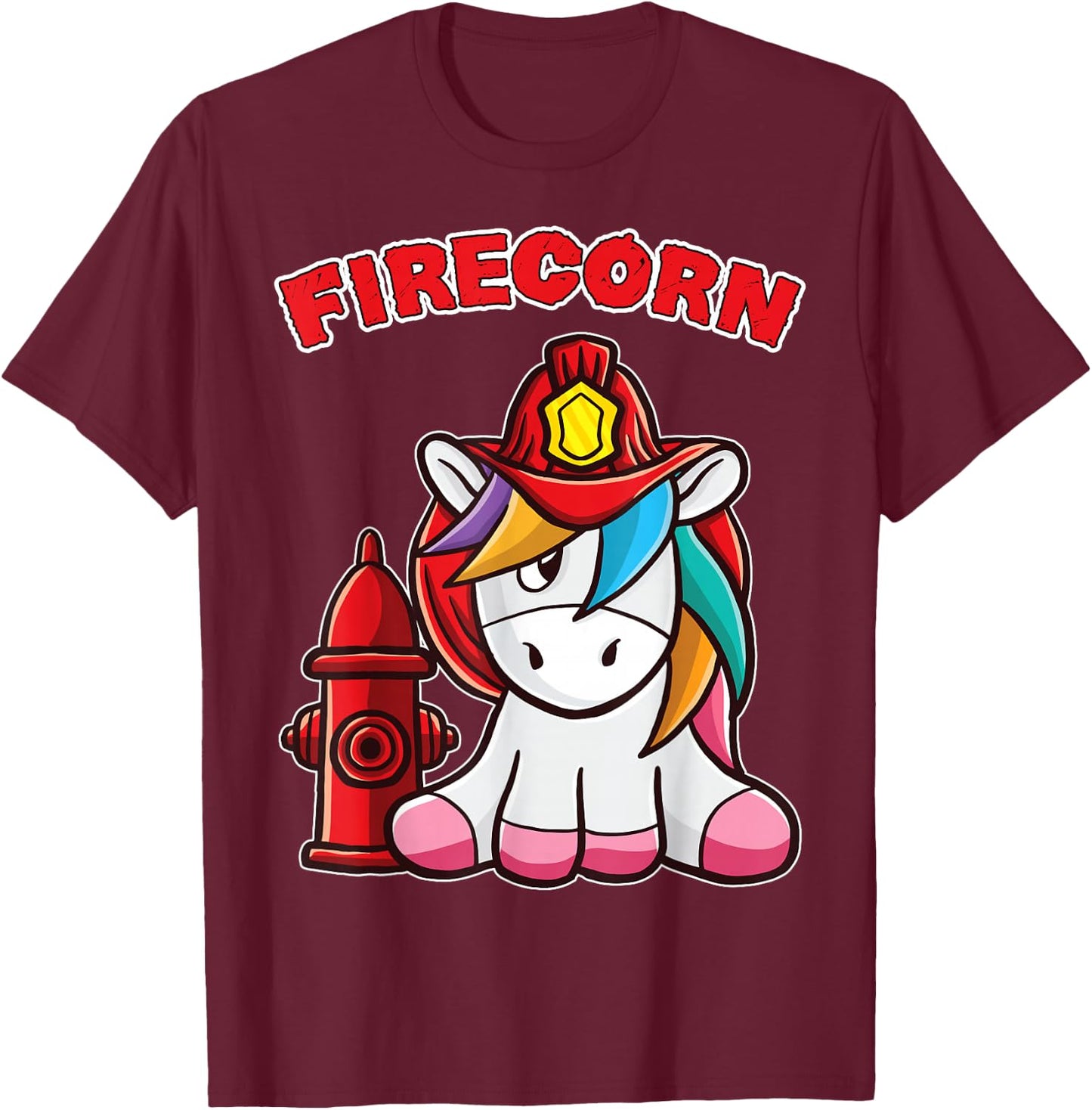 Firecorn Firefighter Unicorn with red Fireman Helmet Fire T-Shirt - T-Shirt | Maroon