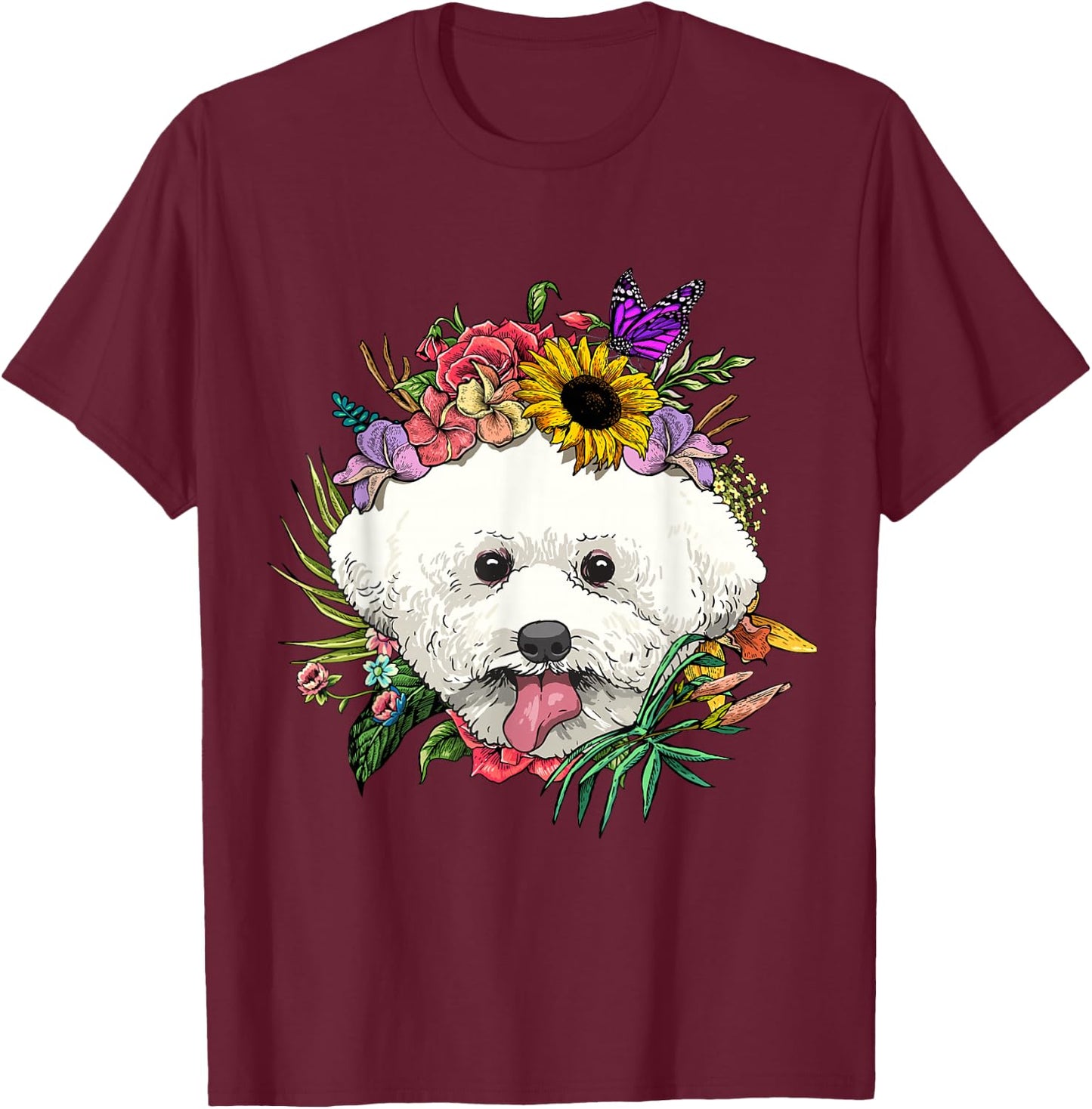 Floral Bichon Frise Dog Spring Nature Dog Lovers T-Shirt - T-Shirt | Maroon