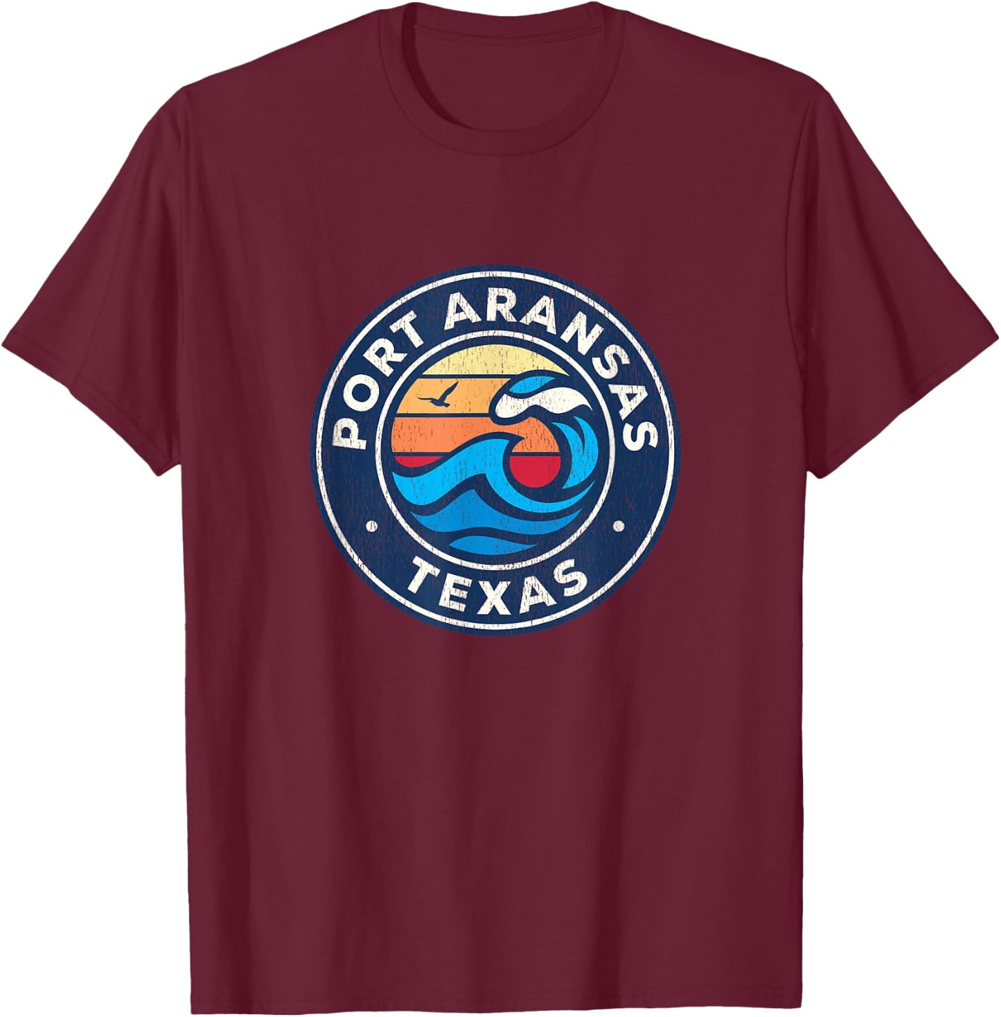 Port Aransas Texas TX Vintage Nautical Waves Design T-Shirt - T-Shirt | Maroon