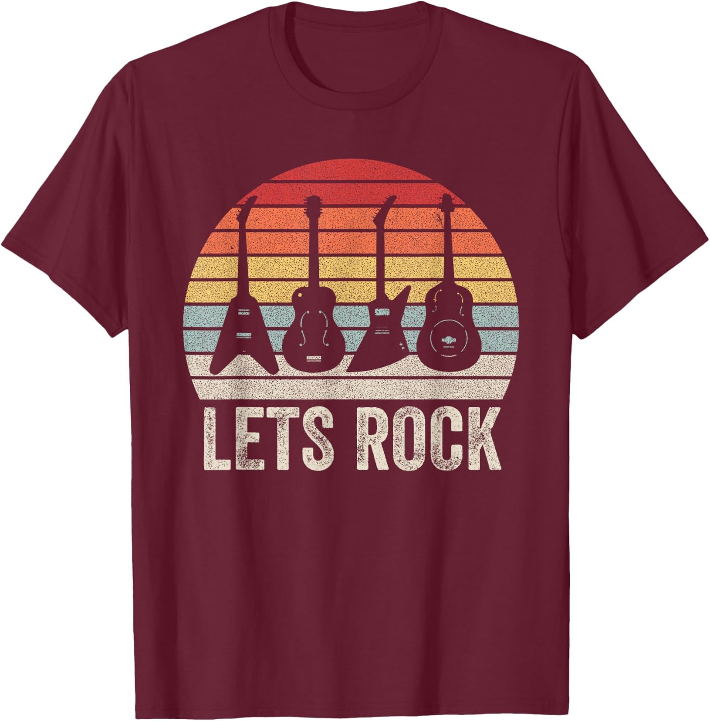 Vintage Retro Lets Rock Rock and Roll Guitar Music T-Shirt - T-Shirt | Maroon