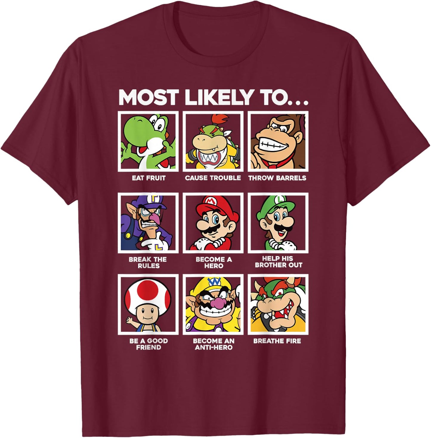 Super Mario Group Shot Most Likely To Grid T-Shirt - T-Shirt | Maroon