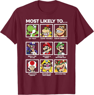 Super Mario Group Shot Most Likely To Grid T-Shirt - T-Shirt | Maroon