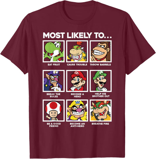 Super Mario Group Shot Most Likely To Grid T-Shirt - T-Shirt | Maroon