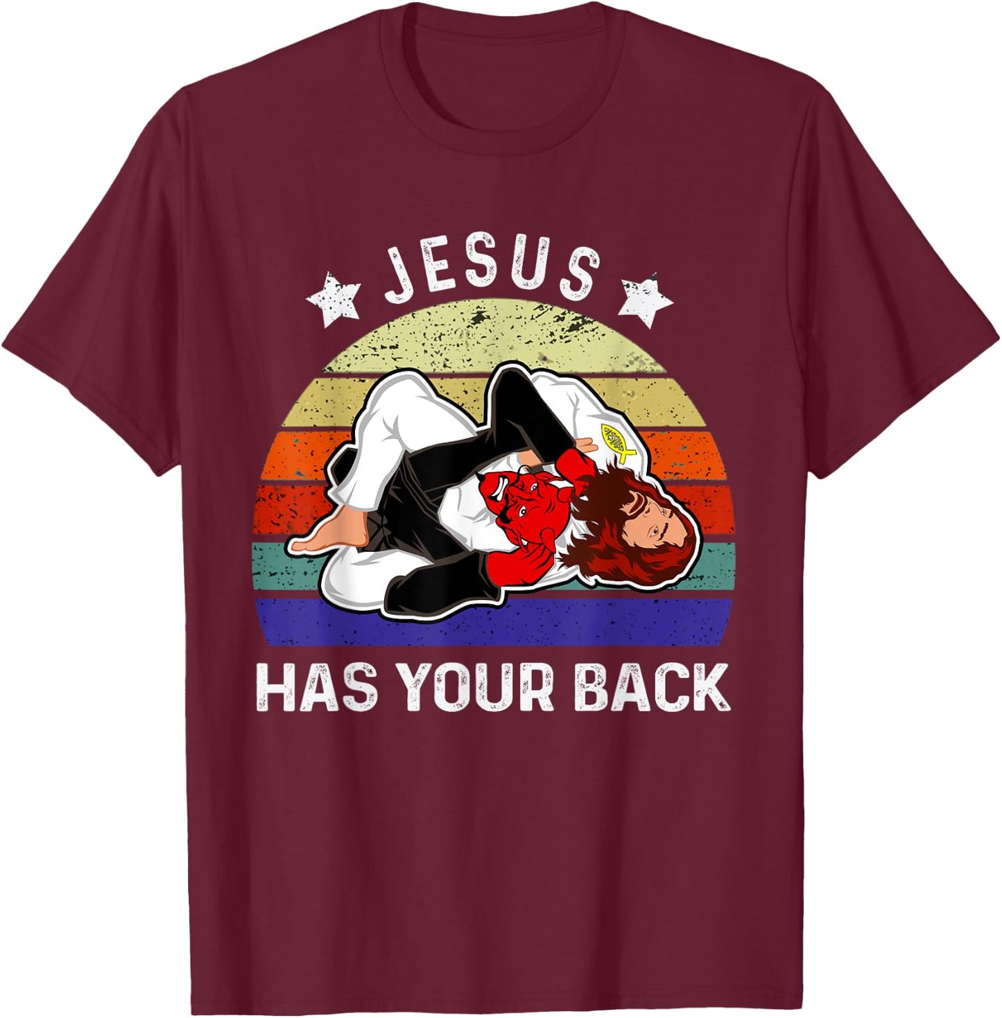 Brazilian Jiu Jitsu Jesus Jesus Has Your Back T-Shirt - T-Shirt | Maroon