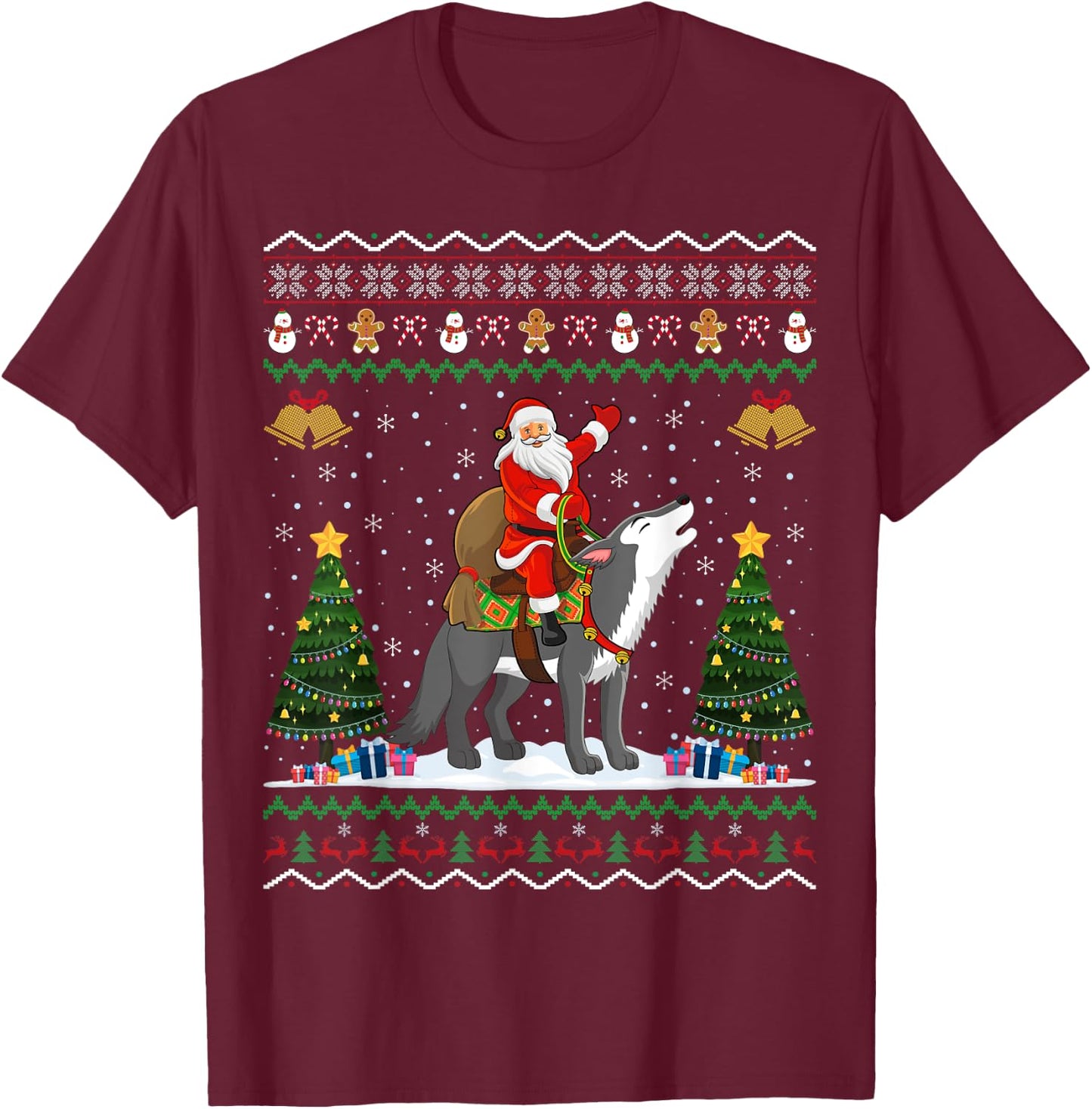 Ugly Wolf Xmas Gift Santa Riding Wolf Christmas T-Shirt - T-Shirt | Maroon