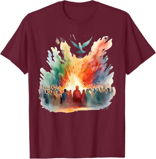 Pentecost Doves Tongues Fire Flame Holy Spirit Catholic T-Shirt - T-Shirt | Maroon