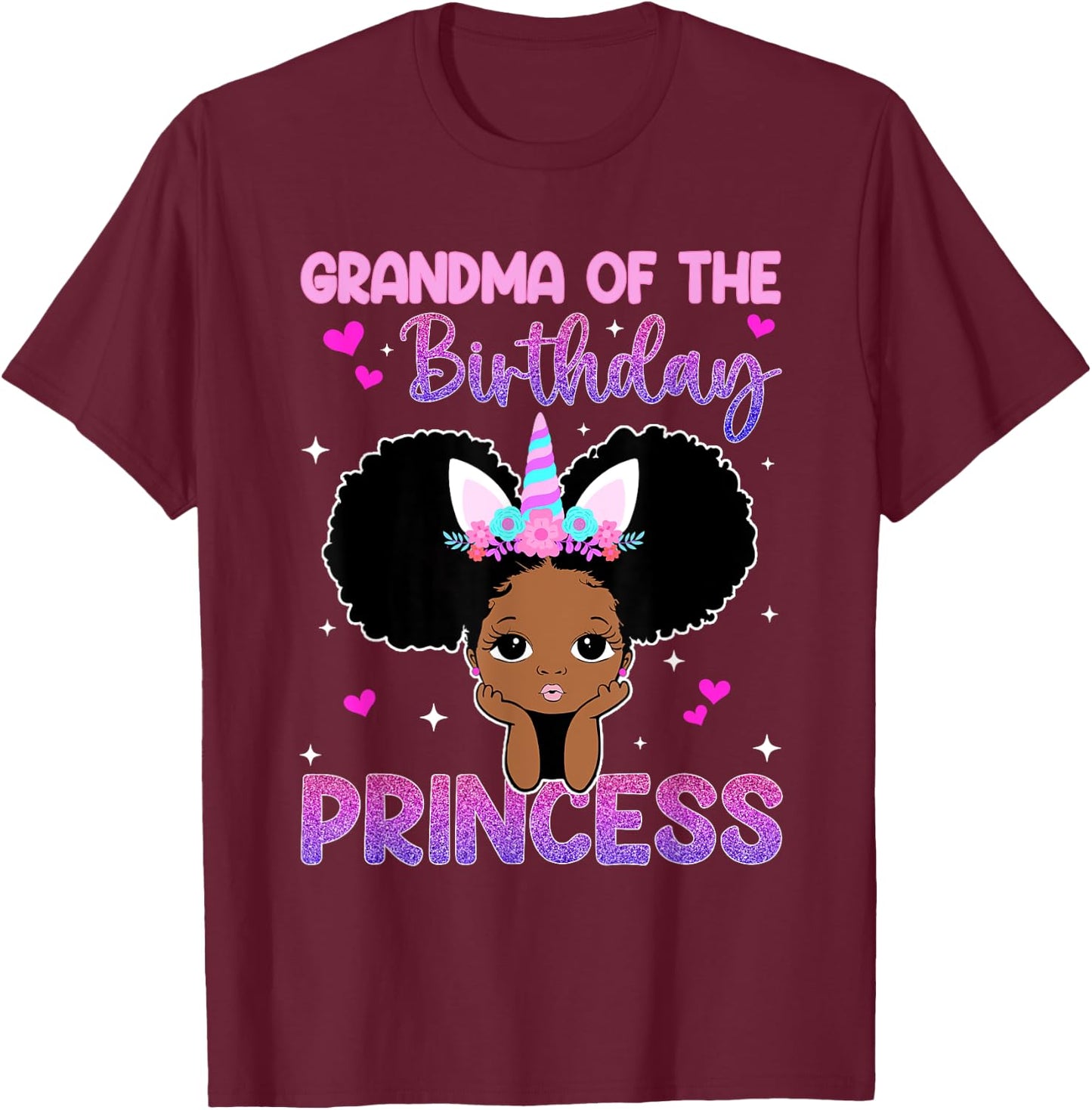 Grandma Of The Birthday Princess Melanin Black Girl Unicorn T-Shirt - T-Shirt | Maroon