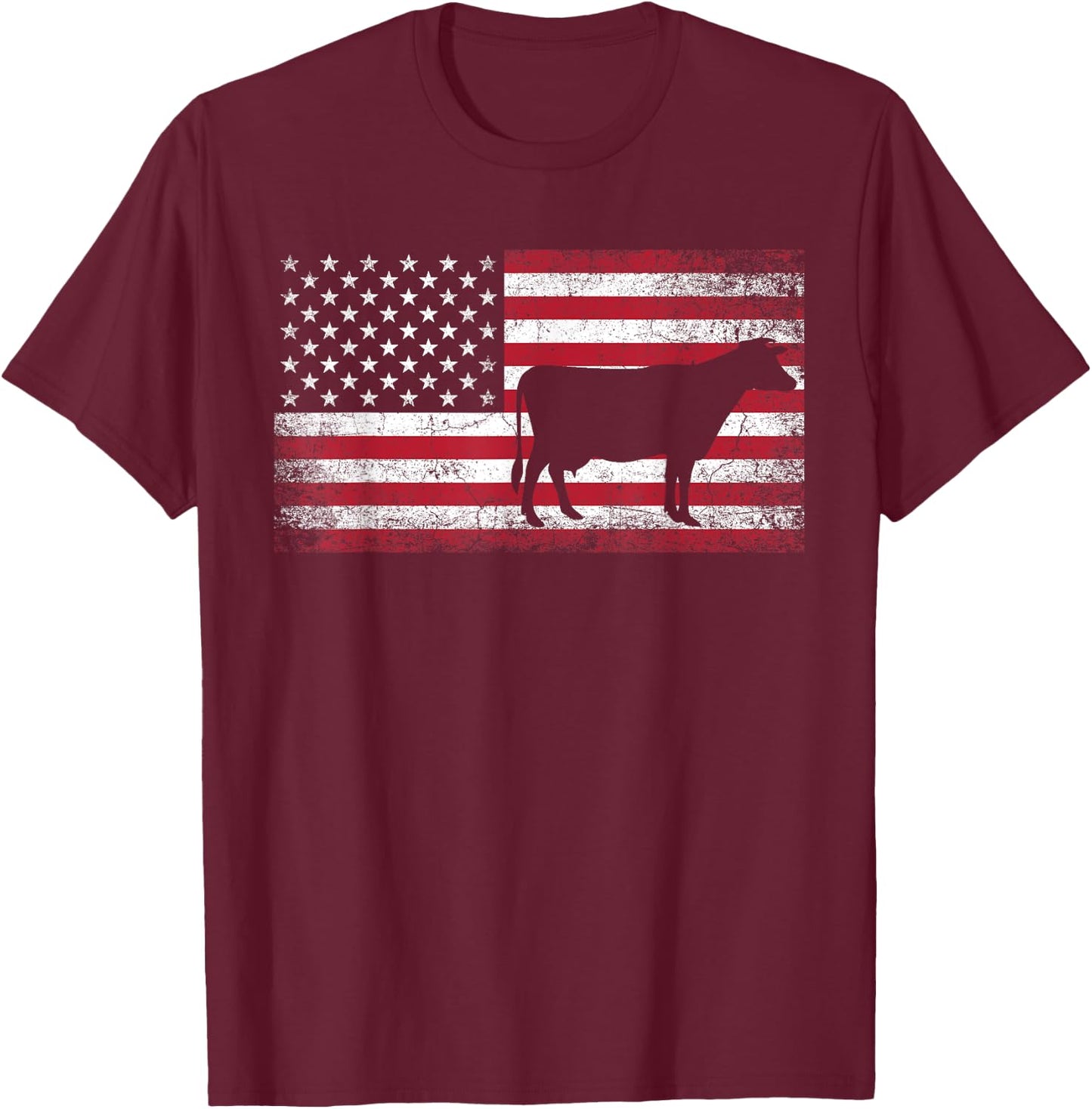 Cow Farm Farmer 4th of July American Flag Patriotic USA T-Shirt - T-Shirt | Maroon