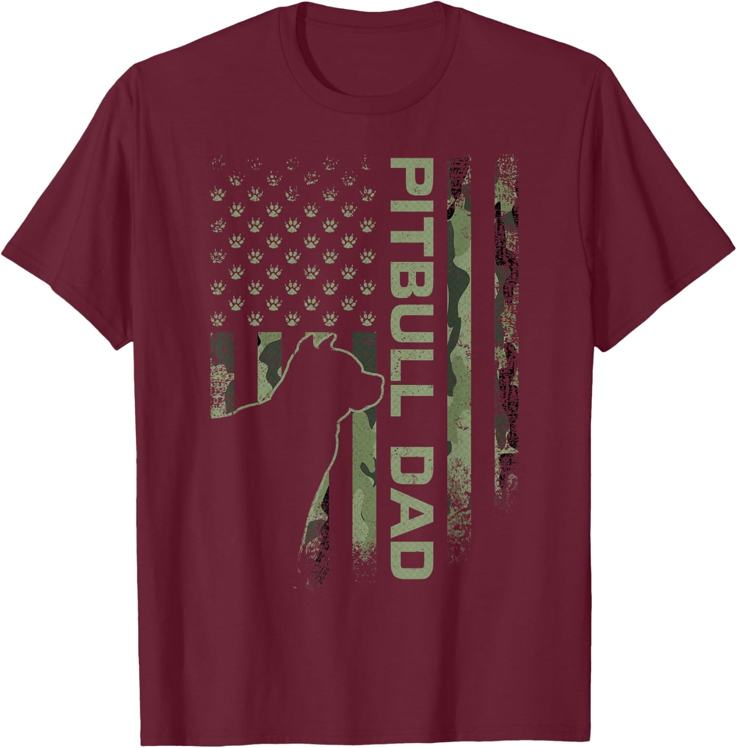 American Camo Flag Proud Pitbull Dog Dad Pittie Silhouette T-Shirt - T-Shirt | Maroon