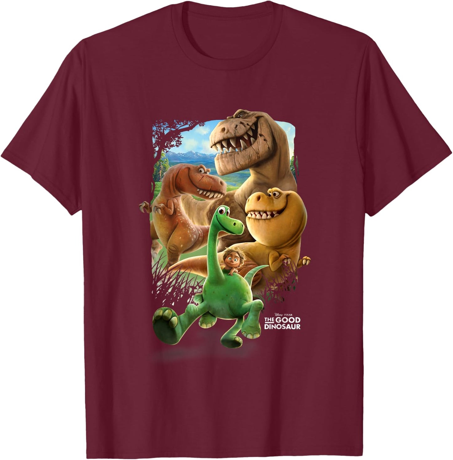 Disney Pixar The Good Dinosaur Main Characters Chest Poster T-Shirt - T-Shirt | Maroon