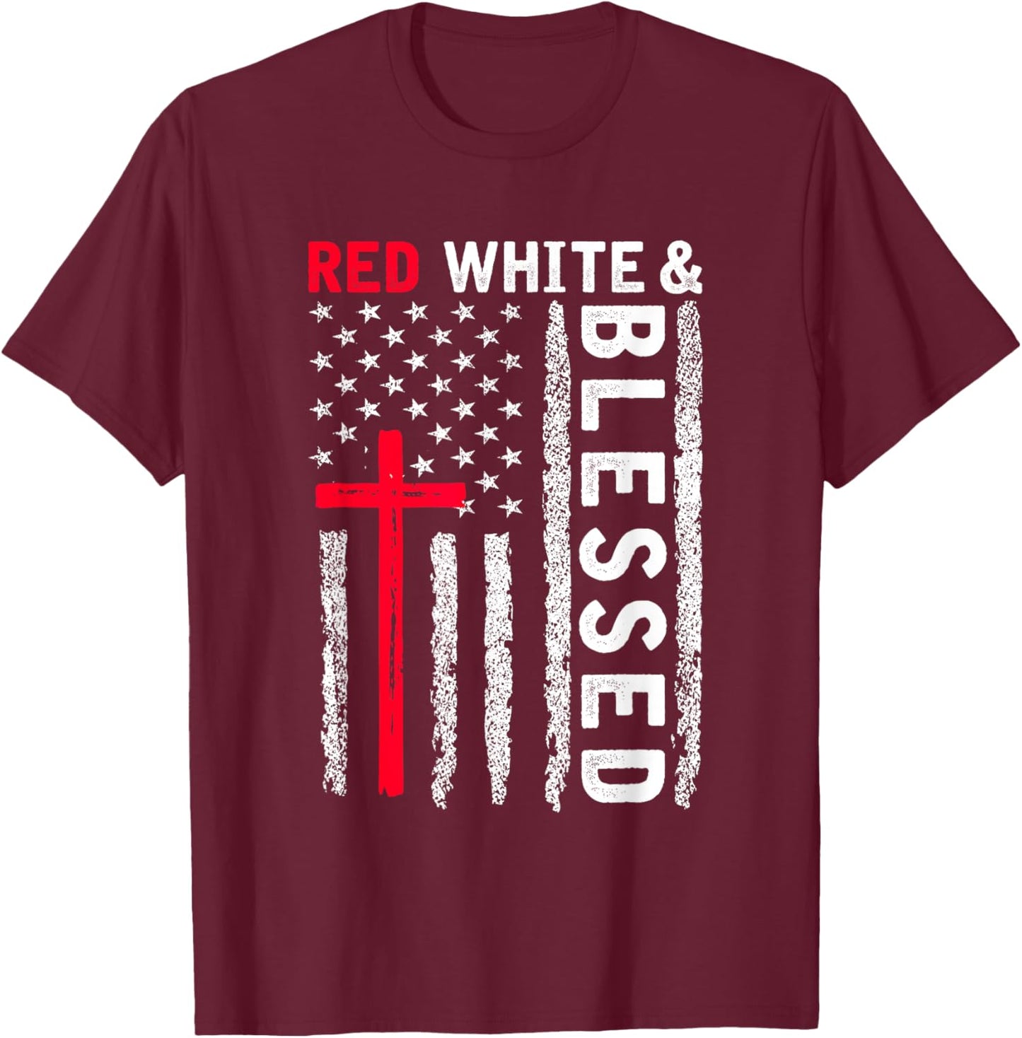 Christian Cross Red White & Blessed 4th Of July Men Women T-Shirt - T-Shirt | Maroon