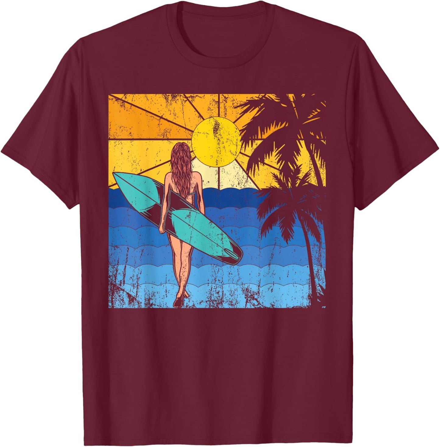 Tropical Beach Surf Sunset Surfboard Surfer Ocean Surfing T-Shirt - T-Shirt | Maroon