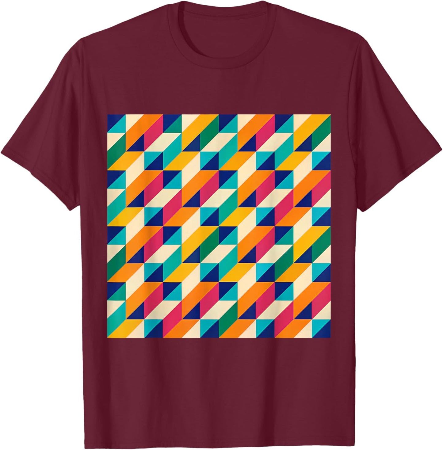 Geometric Triangle Retro Pattern Multicolor Optical Illusion T-Shirt - T-Shirt | Maroon