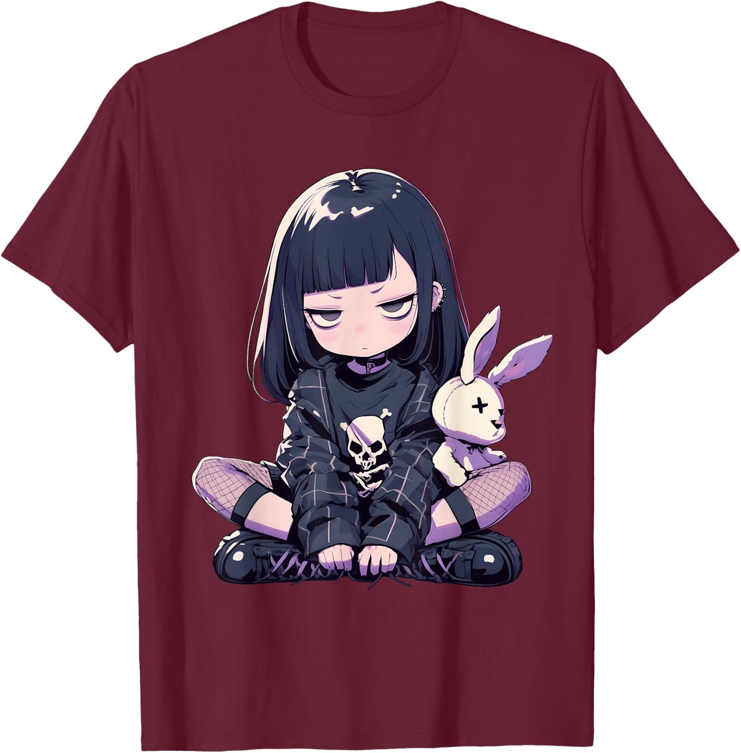 Grunge Goth Bunny Anime Girl Cute E-Girl Gothic Outfit T-Shirt - T-Shirt | Maroon