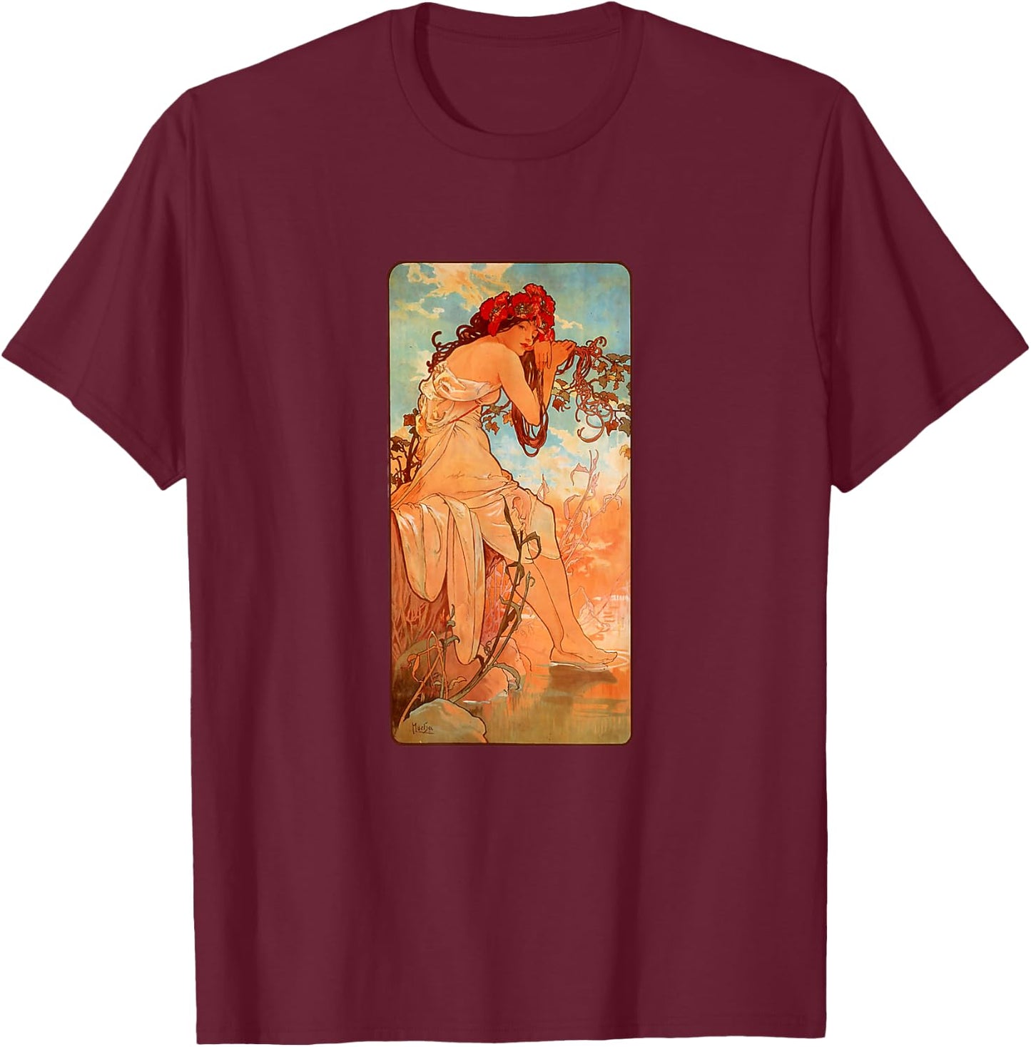 Art Nouveau Summer Maiden Mucha Beautiful Elegant Art Deco T-Shirt - T-Shirt | Maroon
