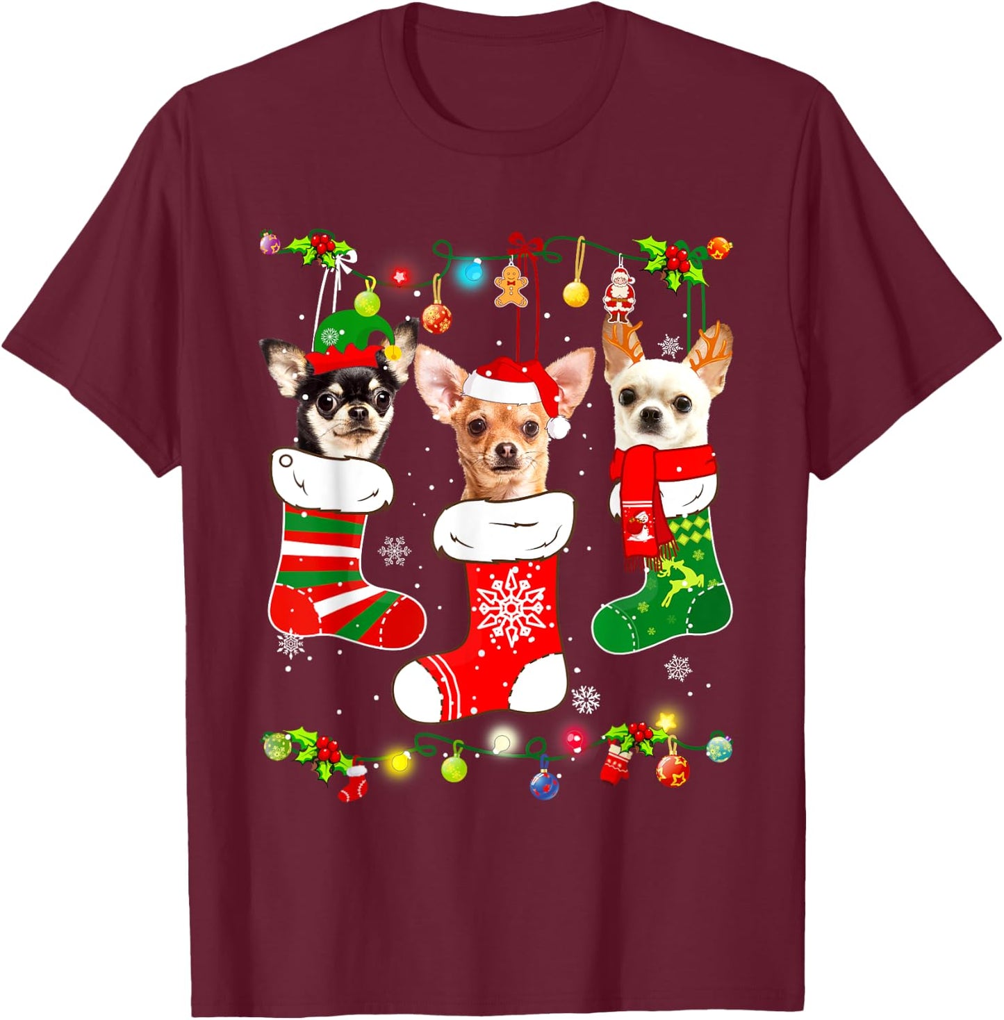 Chihuahua Christmas Lights Gift Funny Xmas Dog Lover T-Shirt - T-Shirt | Maroon