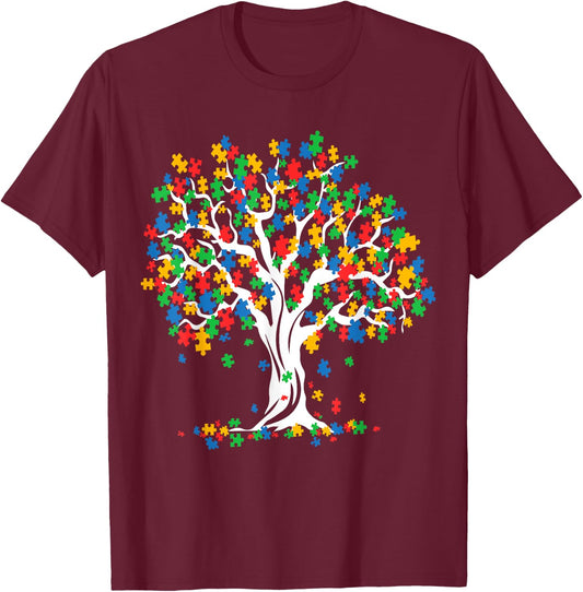 Tree Of Life Autism Awareness Month Funny ASD Supporter Gift T-Shirt - T-Shirt | Maroon