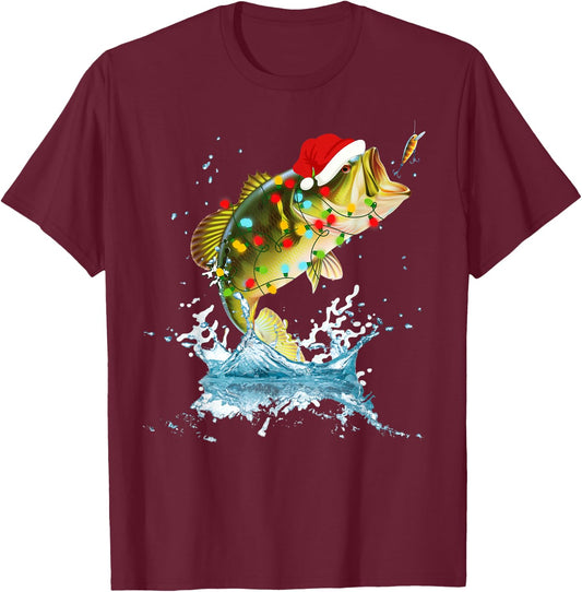 Funny Bass Fishing Santa Hat Christmas Pajama Fishermen Fish T-Shirt - T-Shirt | Maroon