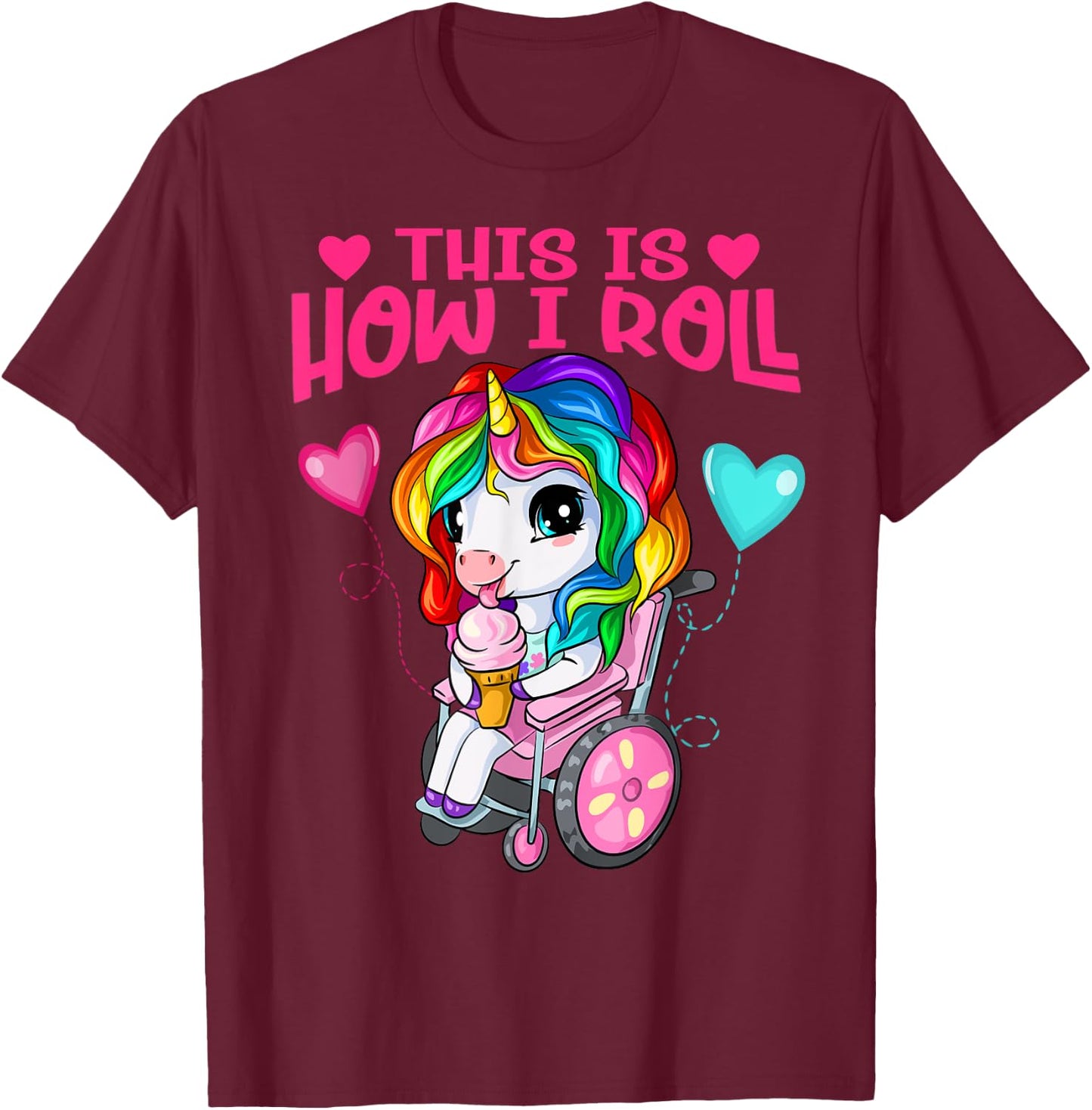 Cute Ice Cream Eating Unicorn Girl In Wheelchair T-Shirt - T-Shirt | Maroon