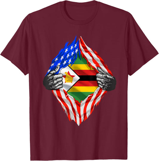 Super Zimbabwean Heritage Proud Zimbabwe Roots USA Flag T-Shirt - T-Shirt | Maroon