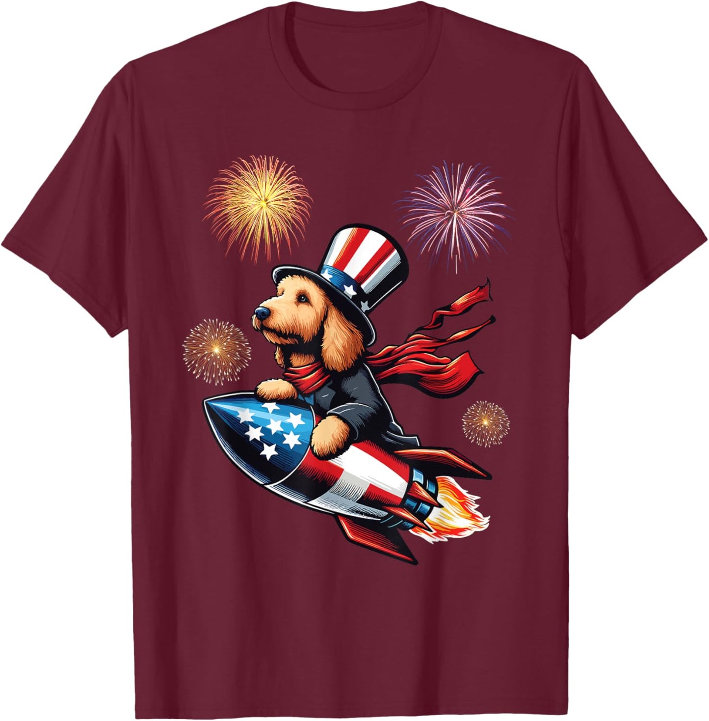 Labradoodle Rocket Fireworks Independence Day USA Patriotic Women Kids Men T-Shirt - T-Shirt | Maroon