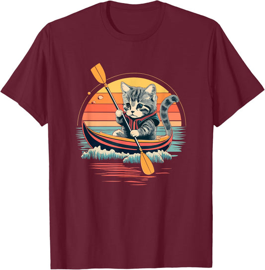 Cute Cat Kayak Funny Outdoor Boating Canoeing Kayaking Women Kids T-Shirt - T-Shirt | Maroon
