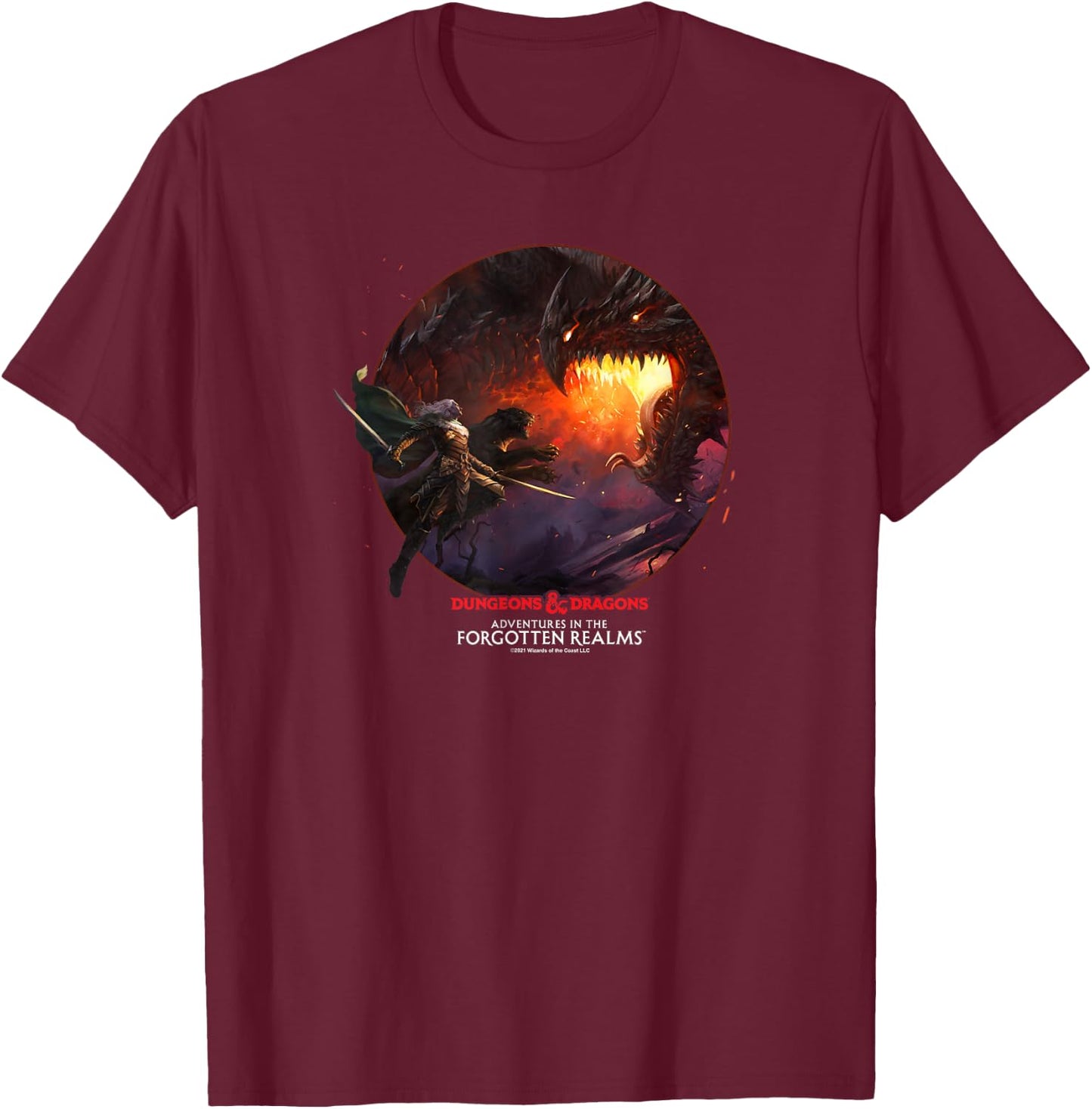 Magic: The Gathering D&D Drizzt Do'Urden Dragon Fight T-Shirt - T-Shirt | Maroon