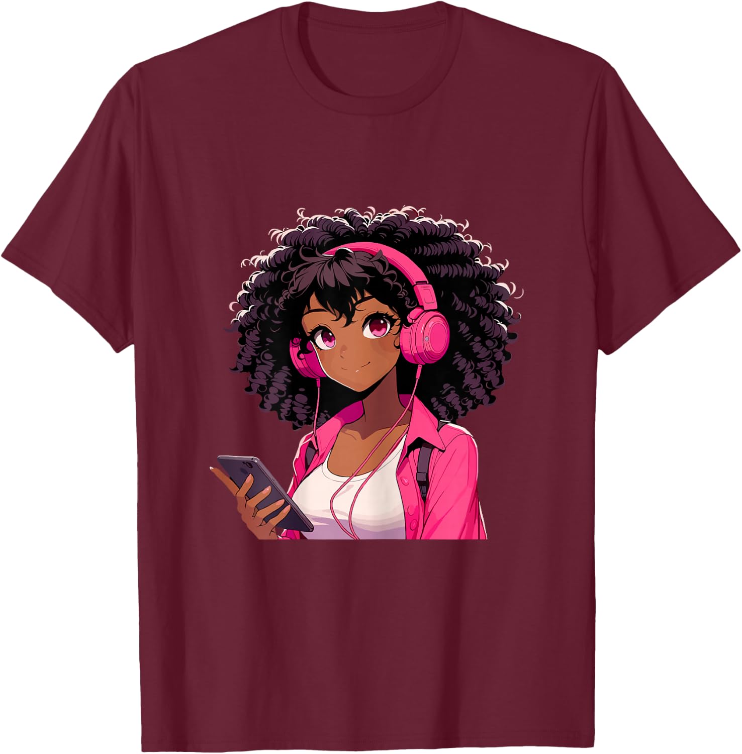 Black Girl Anime Music Headphones T-Shirt - T-Shirt | Maroon