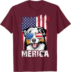 Australian Shepherd 4th of July Merica USA Flag Aussie Dog T-Shirt - T-Shirt | Maroon